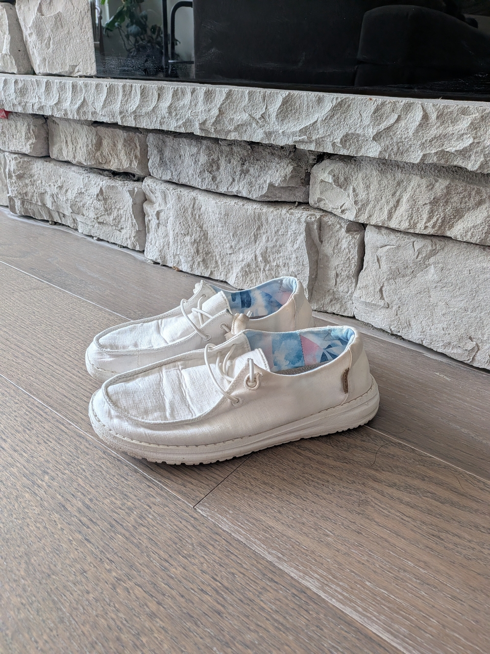 Hey Dude Women's Cream Slip-On Sneakers with Blue Patterned Lining
